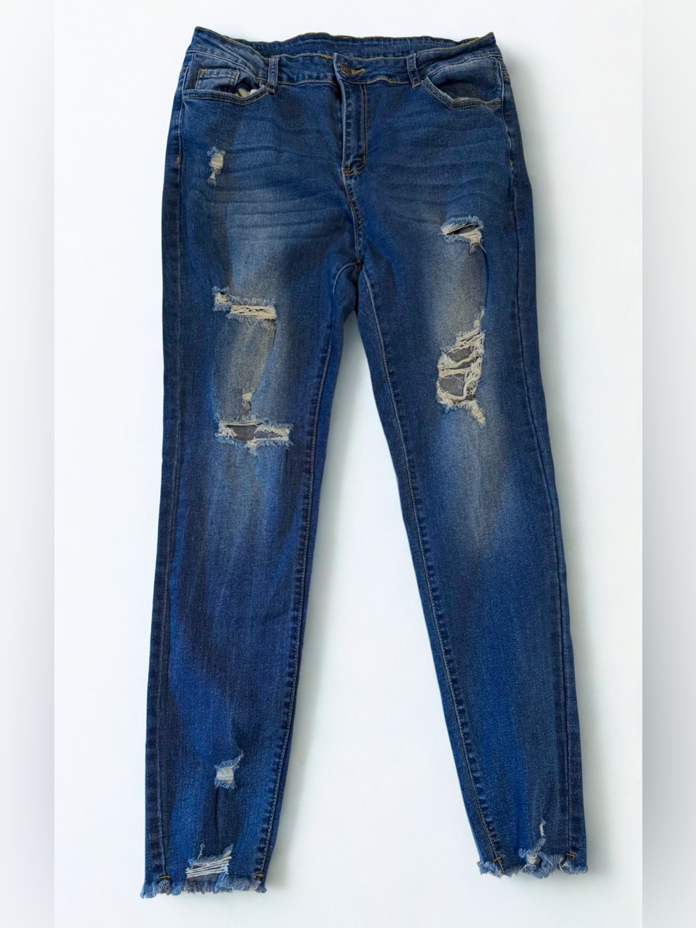 Sidefeel Women High Waist Distressed Jeans Ripped Raw Hem Denim Pants XL Blue